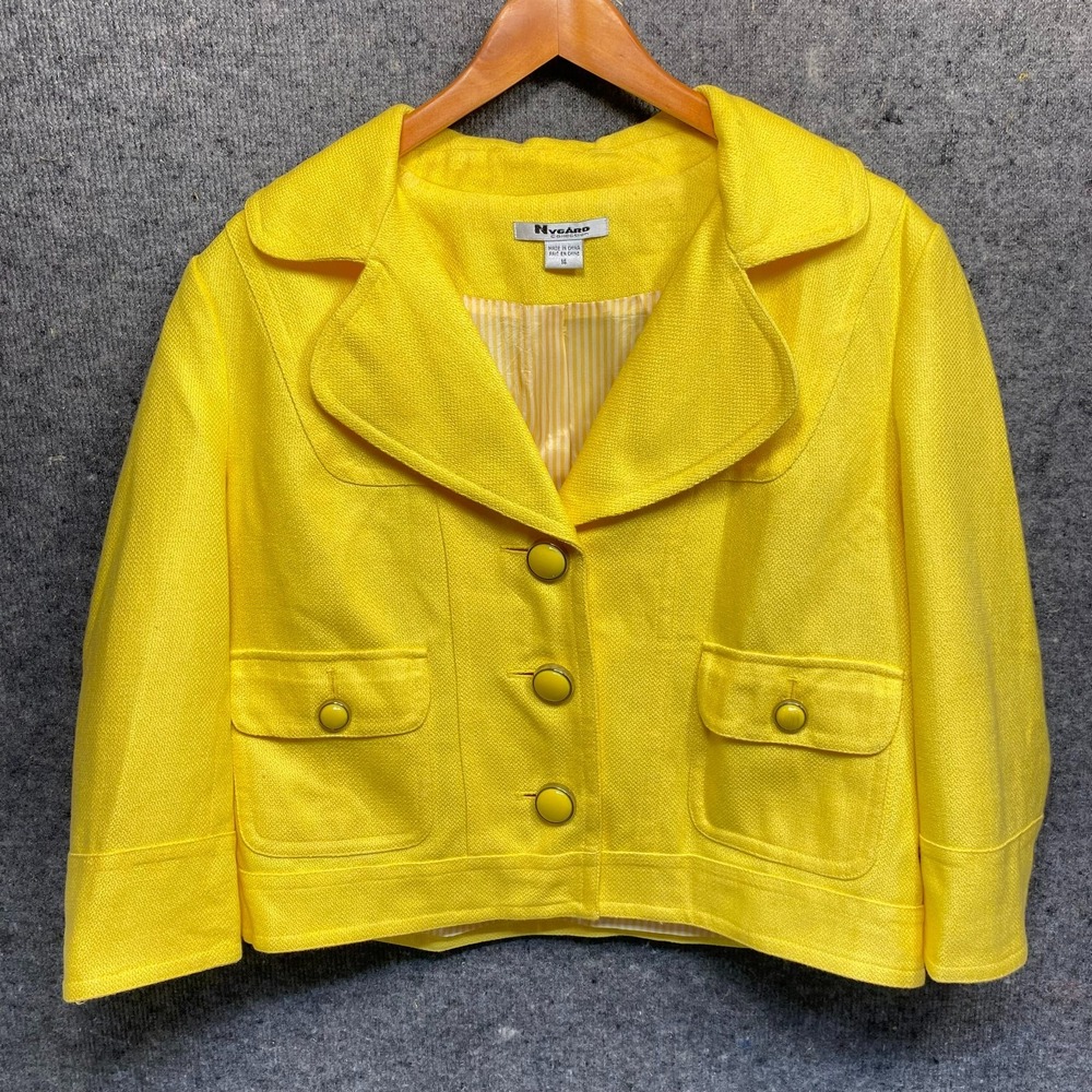 Nygard Collection Womens 14 Yellow Cropped Blazer Jacket Linen Blend Pockets